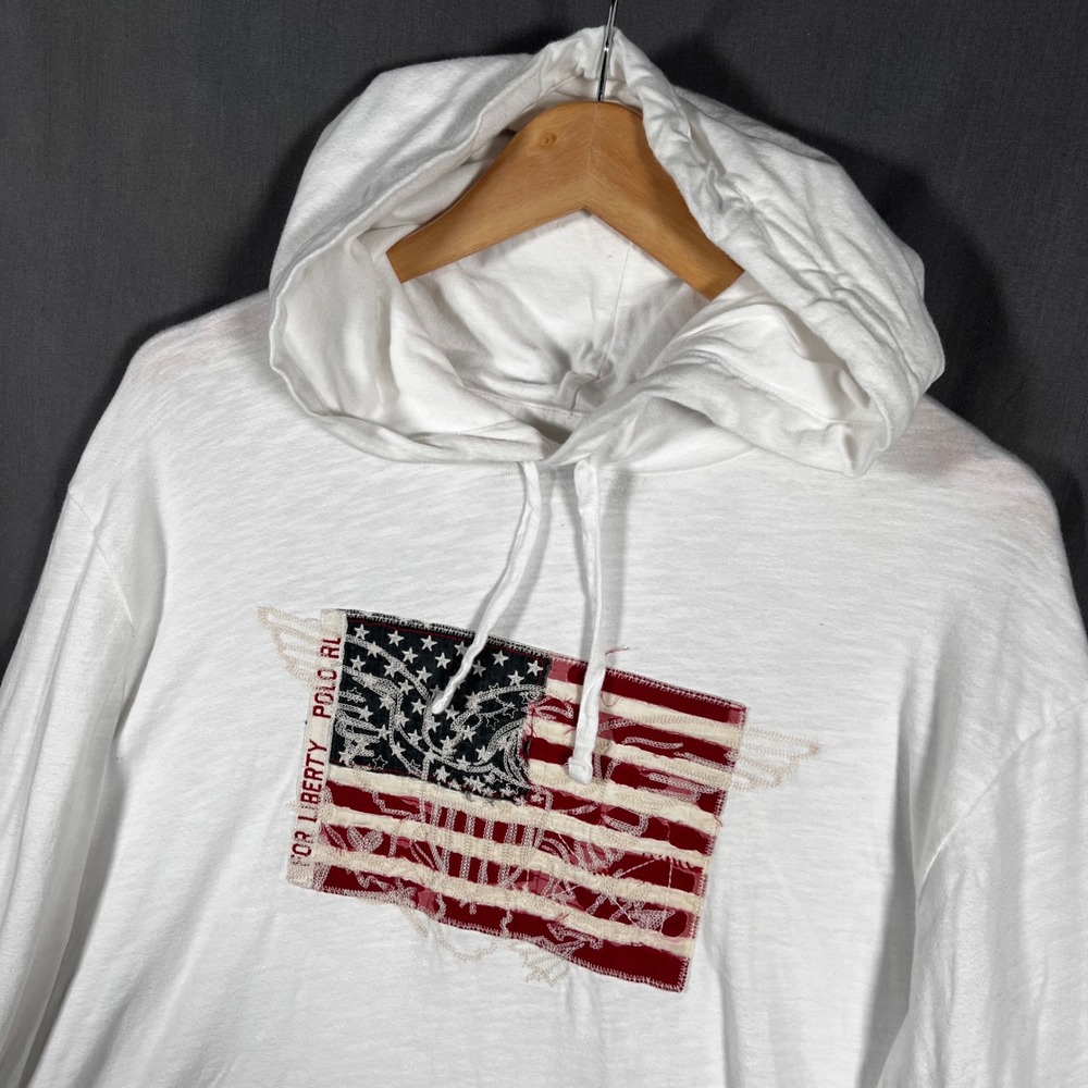 Polo Ralph Lauren Jersey Hoodie T-Shirt Mens XL White Long Sleeve Flag Logo USA
